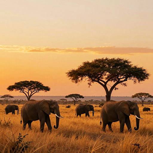 Photograph of African savanna at sunset, featuring silhouetted elephants walking in golden grass, with acacia trees and other elephants in the background