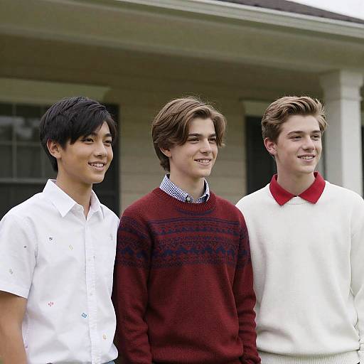 Three Friends Smiling in Front of a House