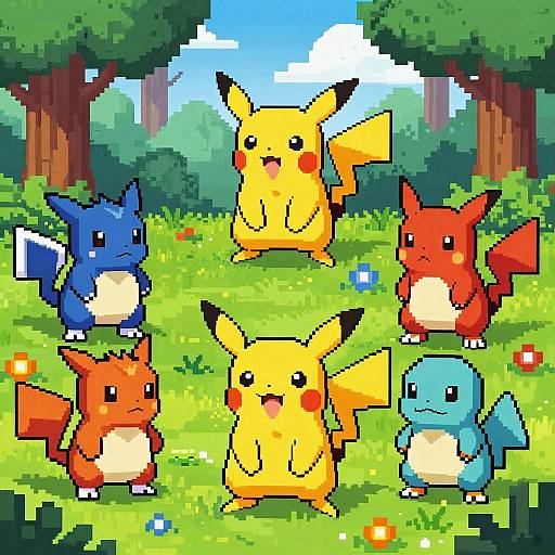 Pixel art of six Pokémon: Pikachu (yellow, center), Raichu (yellow, front), Charmander (orange, bottom left), Bul