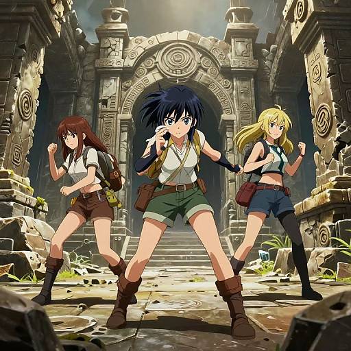 Anime-style digital drawing of three adventurous girls in short shorts, boots, and backpacks, standing in a ruined, ancient stone archway.
