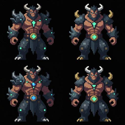 Pixel art of a muscular minotaur with horns, glowing blue accents, dark blue pants, and a glowing belt, shown from four angles.