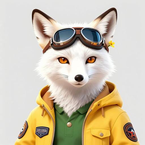 Digital illustration of a white-furred anthropomorphic fox with orange eyes, wearing goggles on the head, a yellow jacket, and green shirt, against a