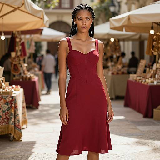 Photograph of a tall, slim, dark-skinned woman with long braids wearing a fitted, sleeveless red dress, standing in a sunlit