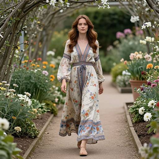 Photograph of a woman with long brown hair in a floral, long-sleeve, V-neck dress, walking down a flower-lined garden path under