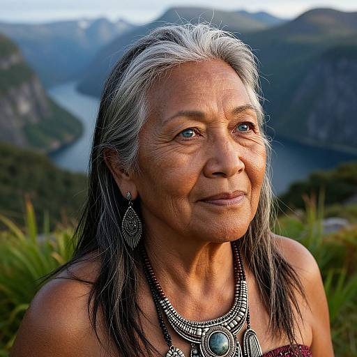 Photograph of an elderly Native American woman with gray hair, wearing intricate black necklace and earrings, set against a mountainous, lake-filled background.