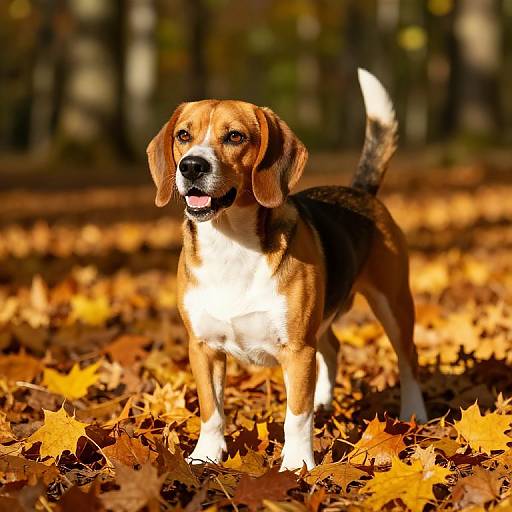 Photograph of a brown and white beagle standing on a forest floor covered in vibrant autumn leaves, sunlight filtering through trees in the background.