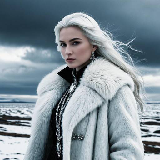 Ice Queen in White Fur Coat on Frozen Tundra