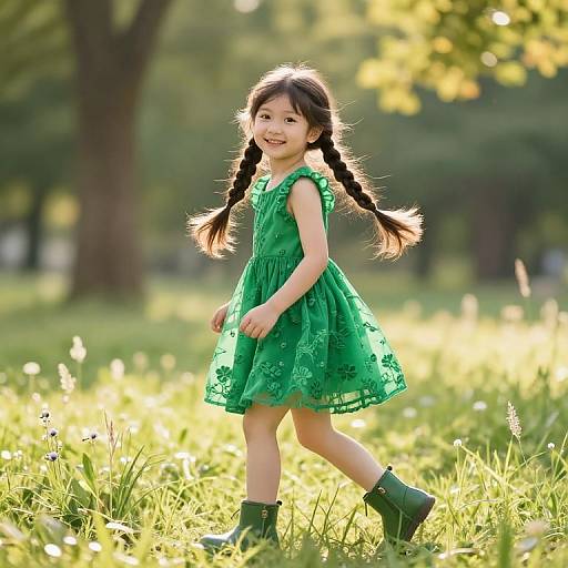 Joyful Girl in Vibrant Green Meadow