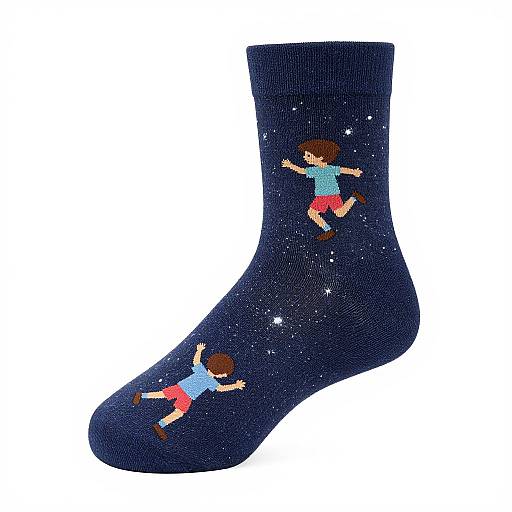 Photograph of a navy blue sock featuring a whimsical illustration of a girl with brown hair, blue shirt, and red shorts, floating among stars.