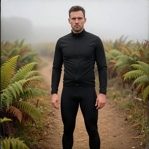 Photograph of a serious, muscular man with short brown hair in black athletic gear standing on a foggy fern-lined dirt path.