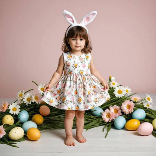 Toddler Girl in Easter Bunny Costume with Colorful Eggs