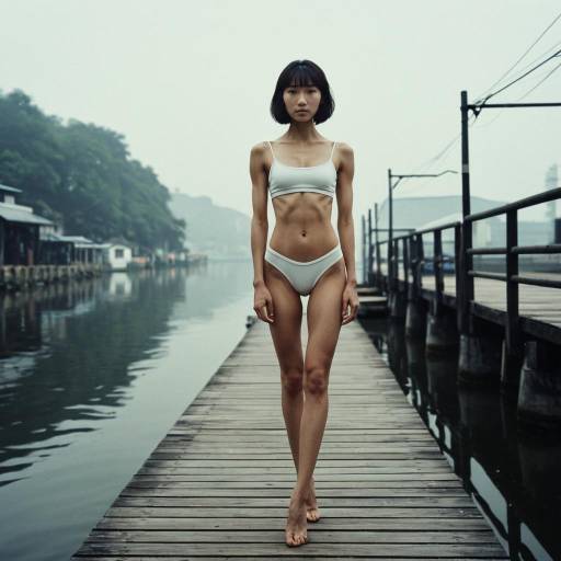 Lean Asian Woman in White Bikini at Riverside Dock