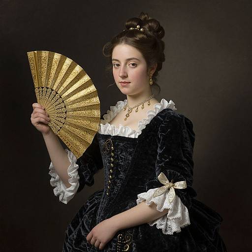 Photograph of an 18th-century woman with fair skin, dark hair, wearing a black velvet dress with white lace, holding a gold fan,