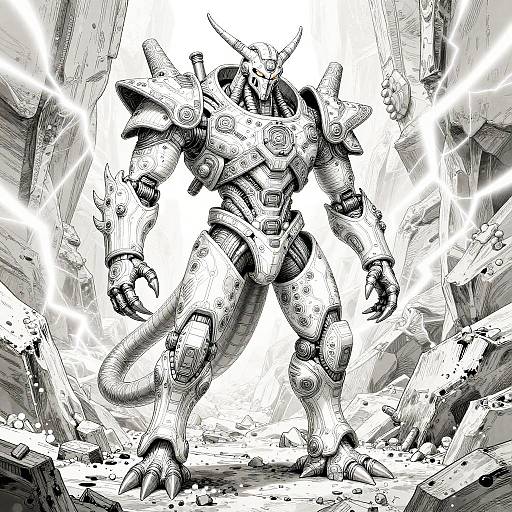 Monstrous, detailed, humanoid robot with horns, armored plating, and claws, standing in a broken, rocky landscape, surrounded by bright energy