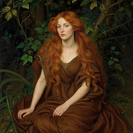 Painting of a fair-skinned, red-haired woman with long wavy hair, wearing a brown dress, sitting amidst dense, dark green foliage.