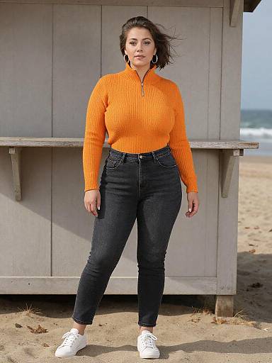 Photograph of a confident woman with medium skin tone, dark hair, wearing an orange ribbed sweater, black high-waisted jeans, and white