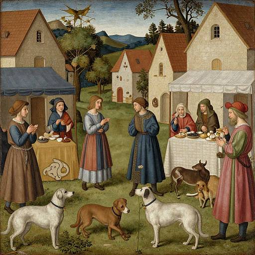 Renaissance painting of six people, three men, three women, in medieval clothing, serving food to dogs, with two houses and a market stall