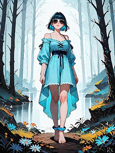 Woman in Turquoise Boho Sundress in Dark Forest