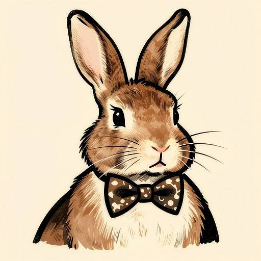 Digital illustration of a brown rabbit with large ears, wearing a black bow tie with white polka dots, on a white background.