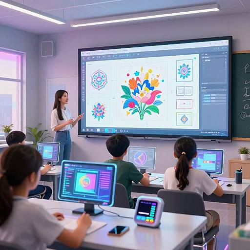 Photograph of a modern classroom: Asian woman in white shirt stands, presenting colorful digital art on large screen, four students seated at desks with laptops.