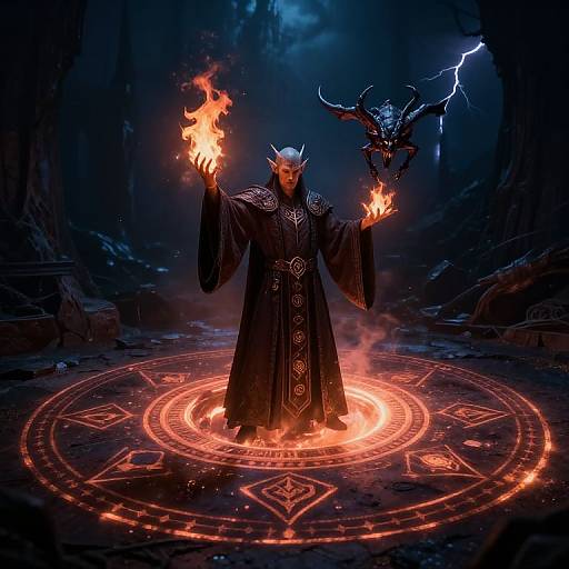 Digital fantasy artwork of a horned, dark-robed sorcerer with glowing orange flames in both hands, standing on a glowing, intricate circular rune,