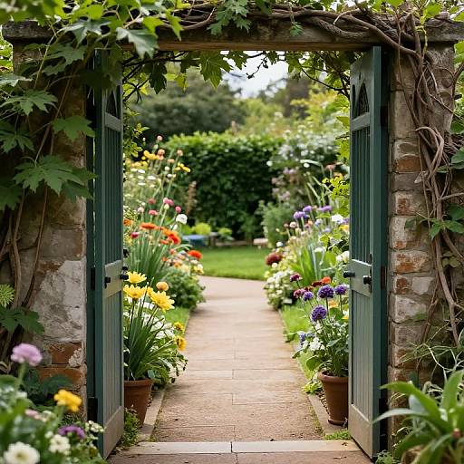 Photograph of a lush, colorful garden viewed through an open, green-painted wooden gate with vines and flowers on both sides.