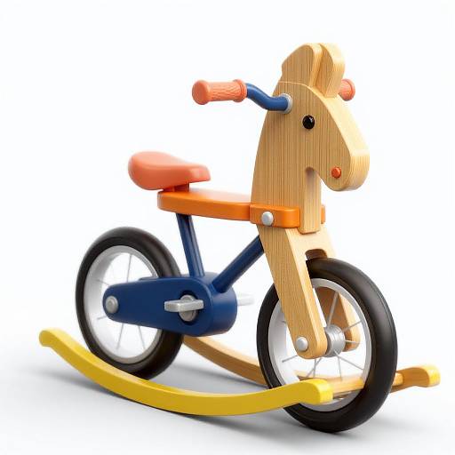 Photograph of a wooden rocking bike with blue frame, orange seat, yellow handlebar grips, and yellow rocking base on white background.