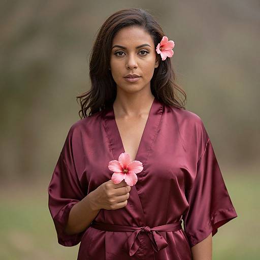 Photograph of a Black woman with medium brown skin, wearing a deep burgundy silk robe, holding a pink hibiscus flower, with another