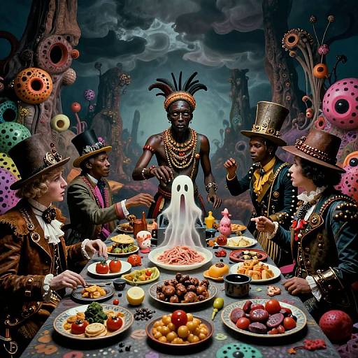 Whimsical, surreal painting of four Victorian-style men in top hats, seated at a table with a ghostly figure, surrounded by colorful, abstract