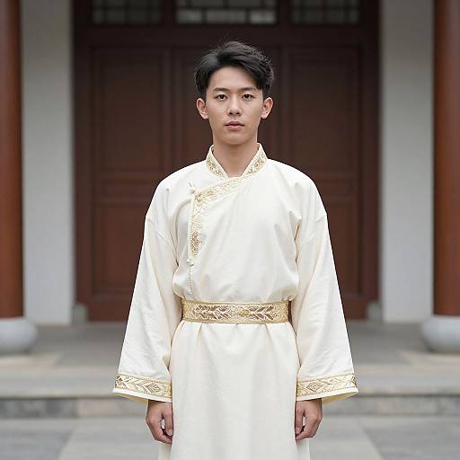 Photograph of an Asian man with short black hair, wearing a white traditional Korean hanbok with gold embroidery, standing in front of a wooden door