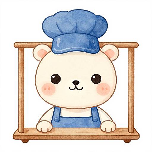Cute watercolor-style drawing of a white bear wearing a blue chef hat and blue overalls, standing behind a wooden frame.
