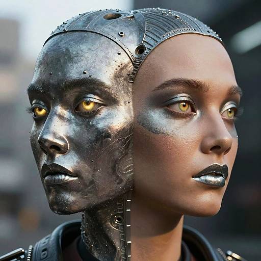 Photorealistic CGI of two-faced android; left side metallic, silver with yellow eyes, right side human-like, brown skin, metallic lips. Background
