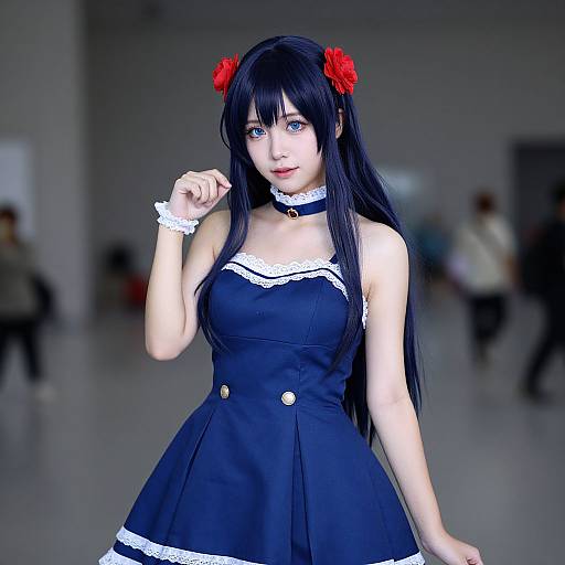 Photograph of an Asian woman cosplaying as a gothic anime character with long black hair, red flower hairpieces, blue eyes, black lace-tr