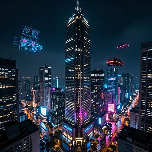 Neon-lit, futuristic cityscape photograph at night, featuring illuminated skyscrapers, colorful digital billboards, and glowing, hovering neon signs against