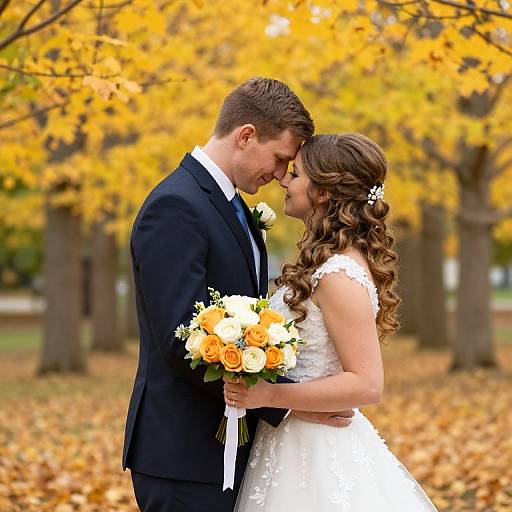 Photograph of a brown-haired bride in a white lace dress and groom in a black suit, kissing, holding a bouquet of orange and white flowers,