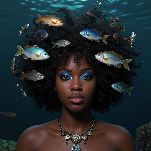Photograph: Dark-skinned woman with blue eyeshadow, afro hair adorned with colorful fish, underwater, wearing ornate silver necklace with blue