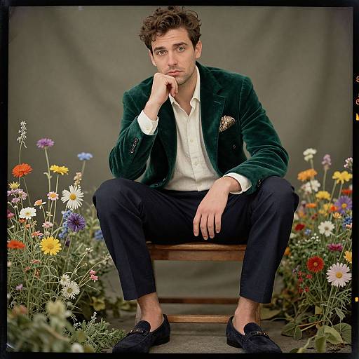 Photograph of a handsome man with curly brown hair, wearing a dark green velvet blazer, white shirt, and black pants, sitting among colorful wild