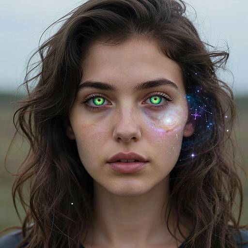Photorealistic portrait of a young woman with glowing green eyes, wavy brown hair, and star-like sparkles on her cheek, against a blurred