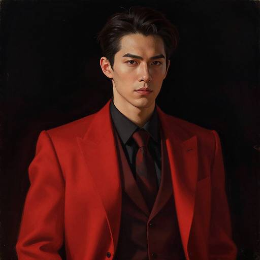 Elegant Young Asian Man in Red Suit