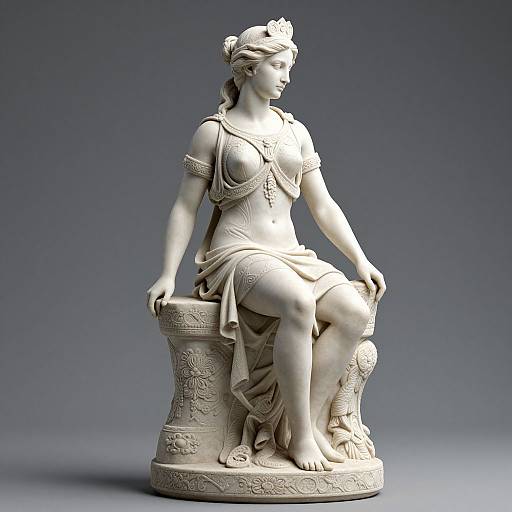 Photograph of a white marble statue of a classical female figure seated on an ornate pedestal, wearing a draped gown and headpiece, with detailed car