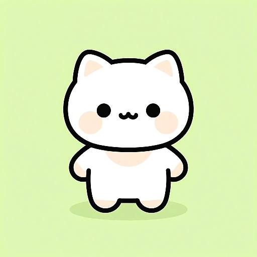 Cute, chibi-style digital drawing of a white, round, cat-like character with black eyes and a small smile, standing on a light yellow