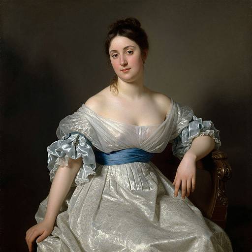 Portrait of a fair-skinned woman with dark hair, wearing an off-shoulder silver dress with blue sash, seated against a dark background.