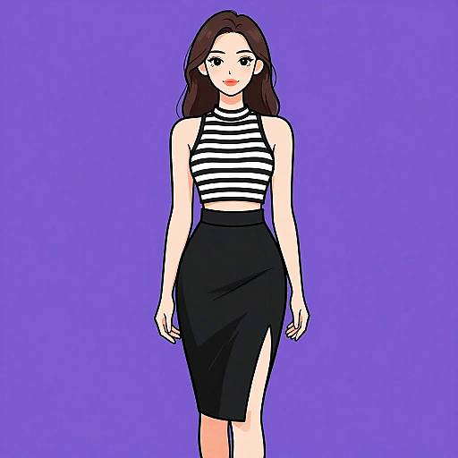 Digital anime-style drawing of a slim woman with long brown hair, wearing a black and white striped halter top and black high-waist skirt,