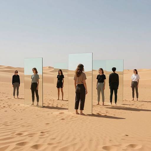 Photograph of six people standing in a desert, viewed through six transparent glass panels, under a clear blue sky.