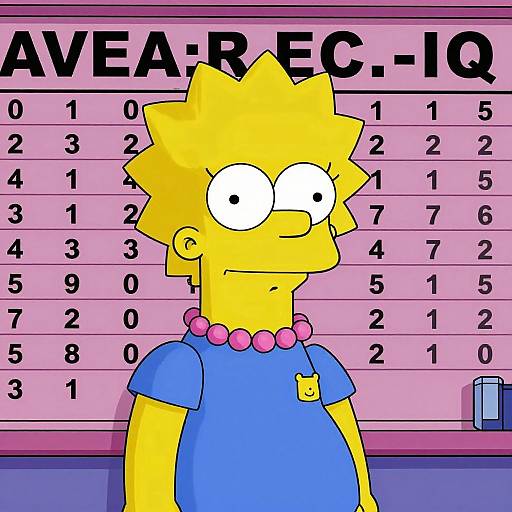 Cartoon of yellow-haired, wide-eyed girl in blue shirt and pink bead necklace, standing in front of pink 