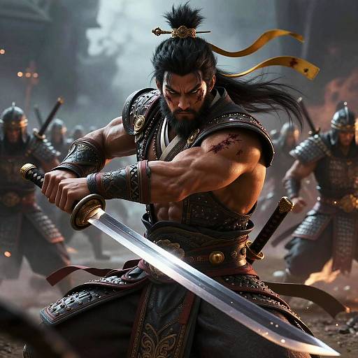 Digital artwork of a muscular, bearded samurai with topknot, wielding a glowing sword, surrounded by armored warriors in a smoky, fiery