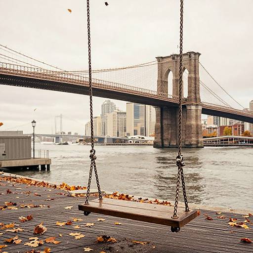 Photograph of a wooden swing with metal chains, set on a riverwalk adorned with fallen autumn leaves, against the backdrop of a large, stone-