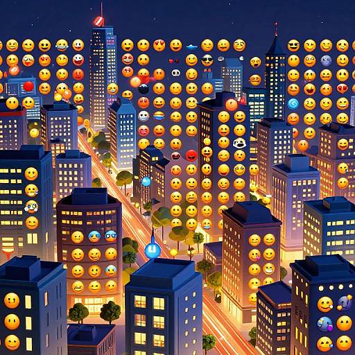 Digital illustration of a cityscape at night, filled with glowing orange and yellow smiley faces covering skyscrapers and streets, with illuminated road and street
