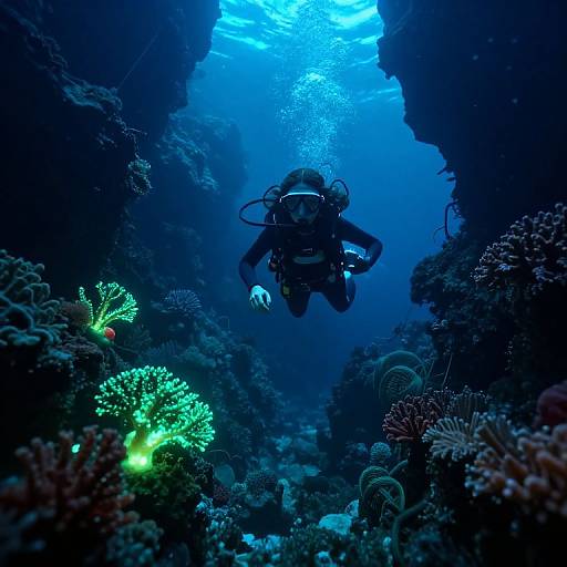 Photograph of a scuba diver in black gear, surrounded by vibrant blue ocean, swimming through a narrow underwater cave with colorful corals illuminated by green