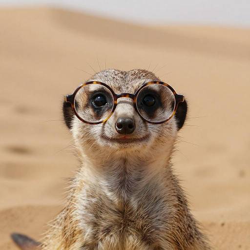 Photograph of a meerkat with round, black-rimmed glasses, looking directly at the camera, set against a blurred sandy background.